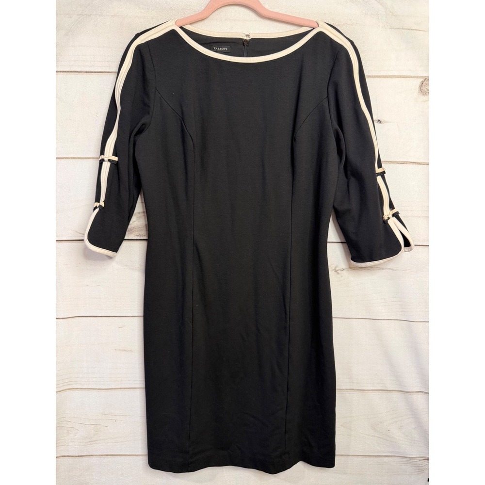 Talbots Black Cream Bow Sleeve Ponte Sheath Dress Size 10 VN1953 03/18